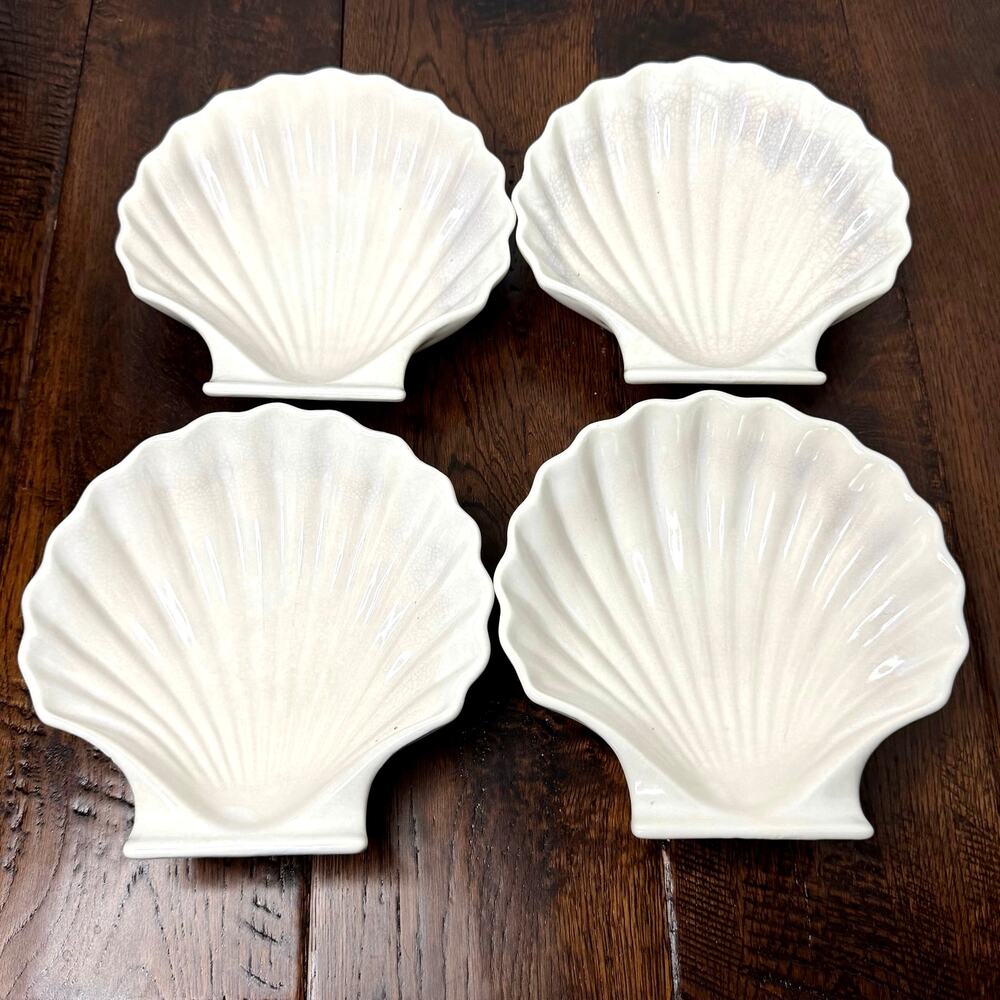 Set of 4 Vintage Ceramic Scalloped Seashell Bowls | Coastal Cottage Decor